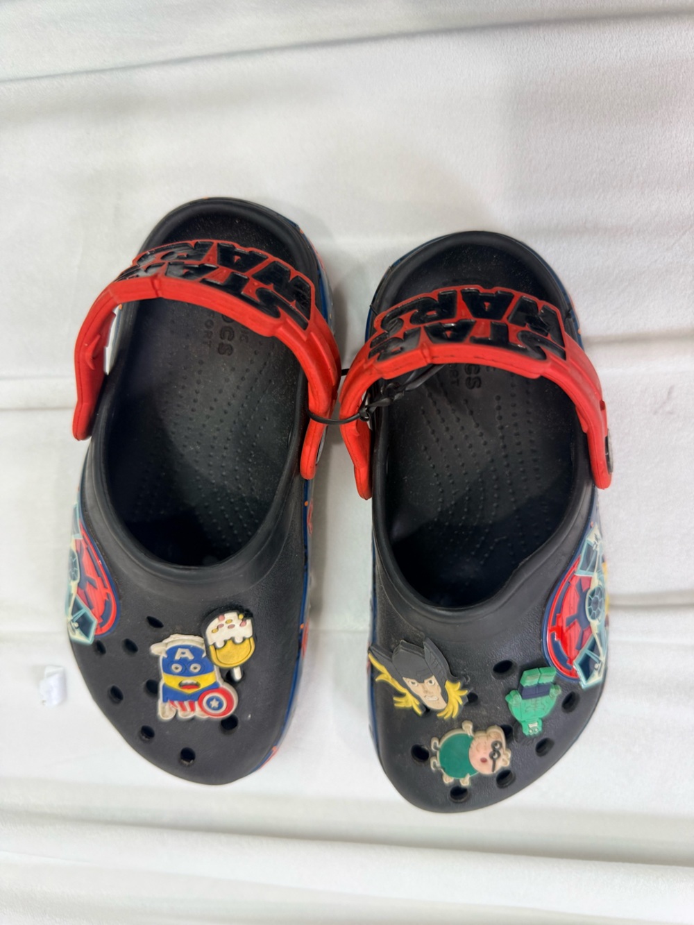 CROCS Kids Black Clog Sandals with Red Straps and Superhero Charms